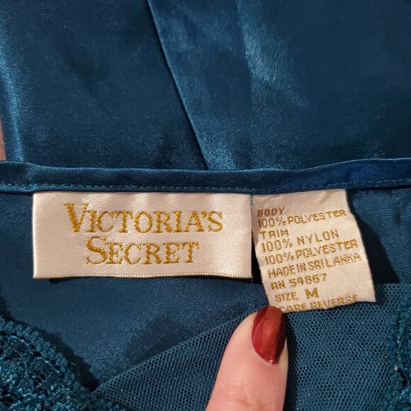 Vtg Victorias Secret Gold Label Satin Lace Maxi Chemise Slip Dress Size M Blue - Picture 8 of 12